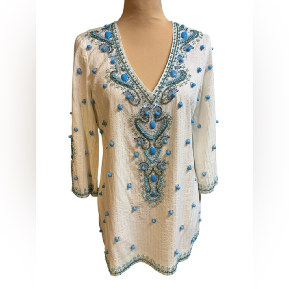 Boston Proper Women’s Beaded Embellished White Cotton Tunic Small